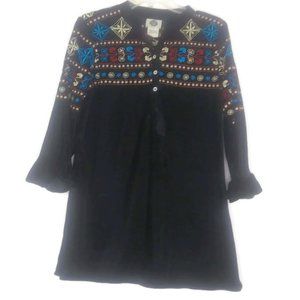 Boho Embroidered Velvet Bell Sleeve Henley Top